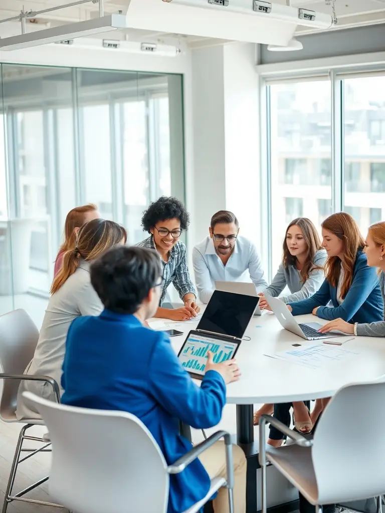 An image of a diverse team collaborating over a strategic plan on a conference table, with charts and laptops, representing Cloud Ten Management's strategic business planning service.