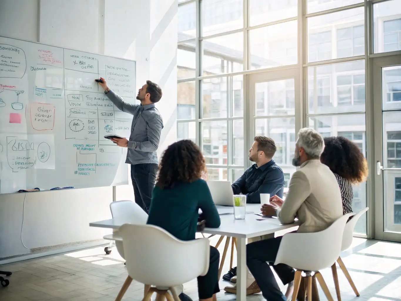 A consultant facilitating a workshop with a team, brainstorming ideas and developing innovative solutions on a whiteboard.