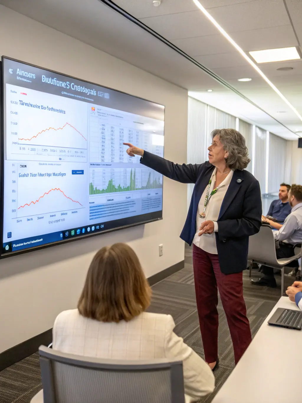 An image of a consultant presenting data-driven insights to a client in a modern office setting, showcasing Cloud Ten Management's data analytics service.