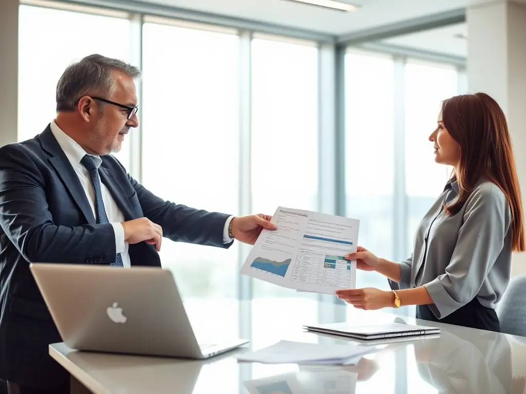 A consultant reviewing financial data and performance metrics with a client, using data analytics tools to identify trends and opportunities.