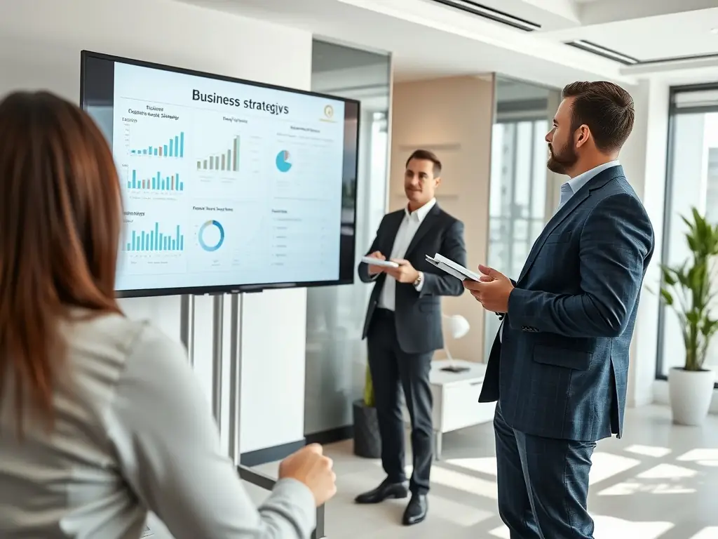 A professional setting showcasing a consultant presenting strategic insights to a client, using visual aids like charts and graphs to illustrate key points.